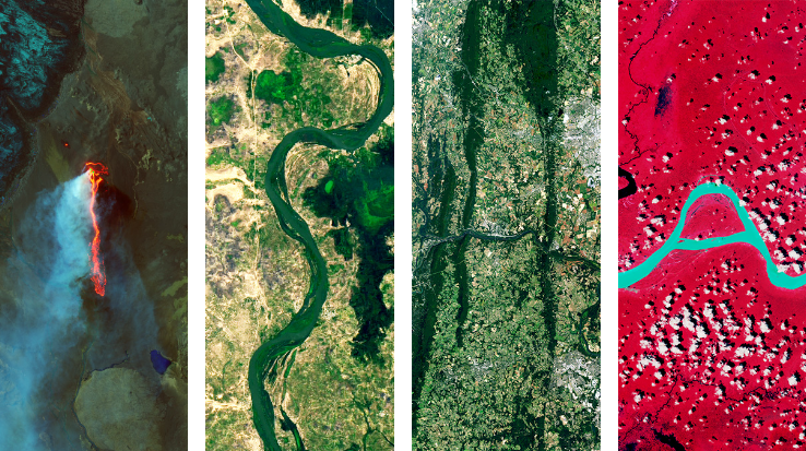Four vibrant satellite views in deep green, turquoise, cream, lava orange and coral pink